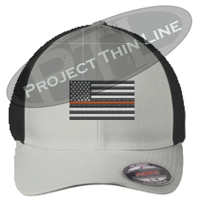 Silver / Black Embroidered Thin ORANGE Line American Flag Flex Fit Fitted Baseball Hat