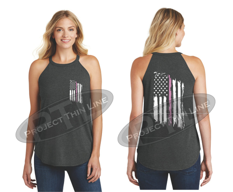 Black Tattered Thin PINK Line American Flag Rocker Tank Top