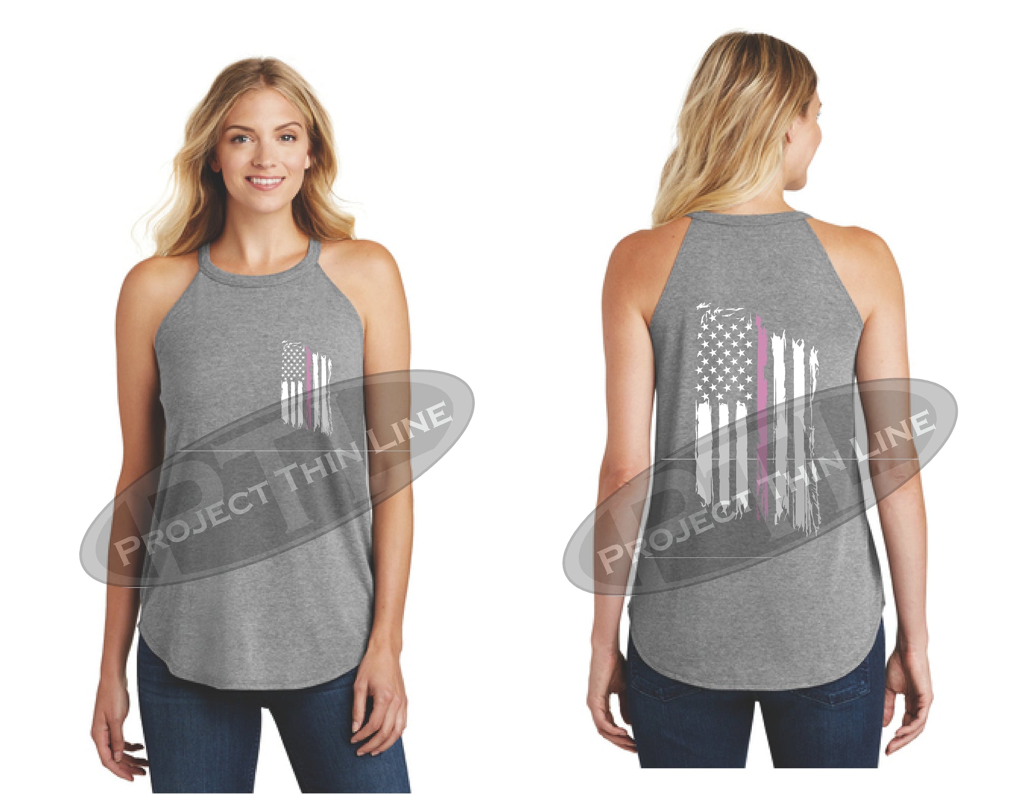 Grey Tattered Thin PINK Line American Flag Rocker Tank Top