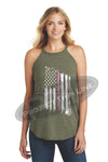 OD Green Tattered Thin PINK Line American Flag Rocker Tank Top - FRONT