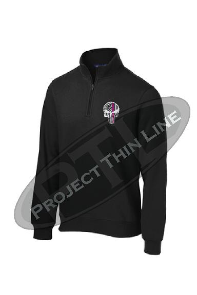 Embroidered Thin Pink Line Punisher Skull inlayed with American Flag  1/4 Zip Fleece Sweatshirt