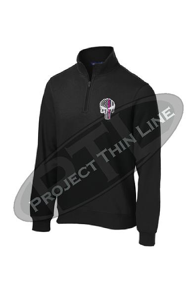 Black 1/4 Zip Fleece Sweatshirt Embroidered Thin Pink Line Punisher Skull inlayed with American Flag