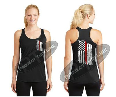 Black Tattered Thin RED Line American Flag Racerback Tank Top