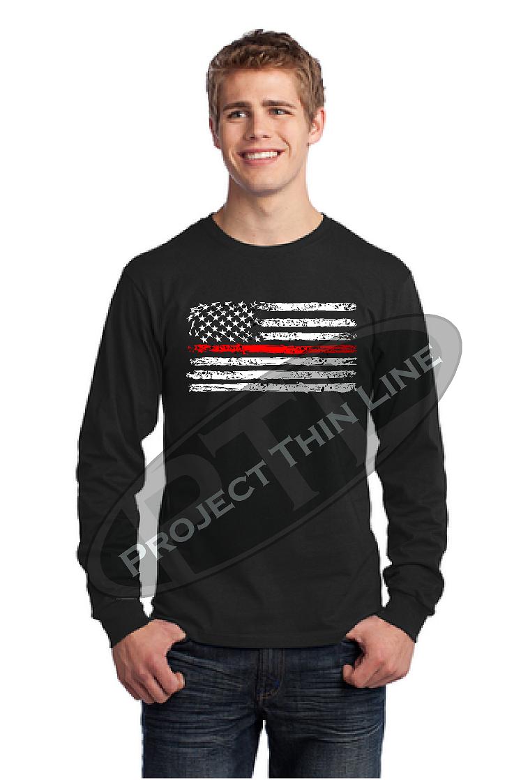 Thin RED Line Tattered Hortizontal Flag Long Sleeve T-Shirt