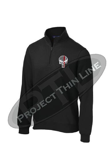 Embroidered Thin RED Line Punisher Skull inlayed with American Flag  1/4 Zip Fleece Sweatshirt