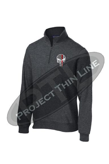 Graphite Grey 1/4 Zip Fleece Sweatshirt Embroidered Thin RED Line Punisher Skull inlayed with American Flag