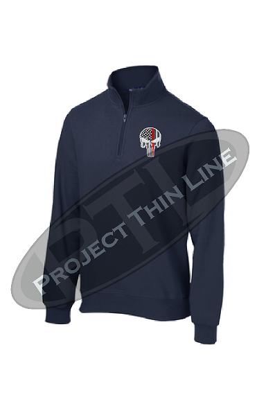 Navy Blue 1/4 Zip Fleece Sweatshirt Embroidered Thin RED Line Punisher Skull inlayed with American Flag