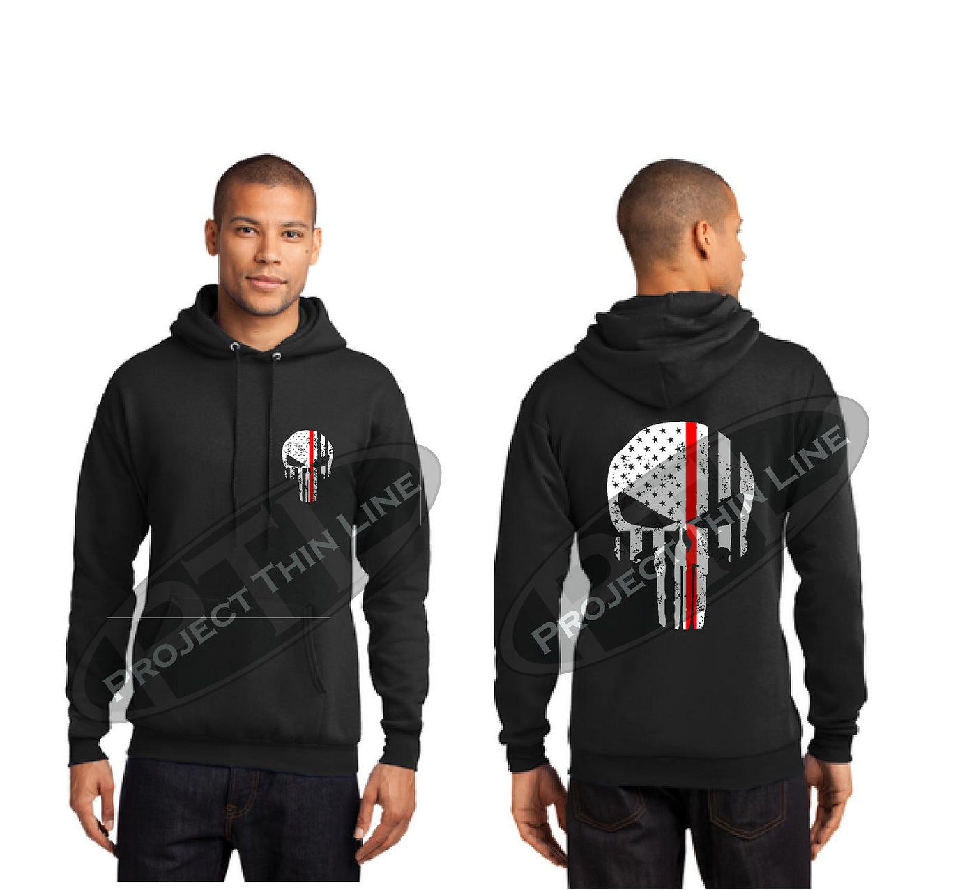 Thin RED Line Punisher Skull inlayed with the Tattered American Flag Hooded Sweatshirt
