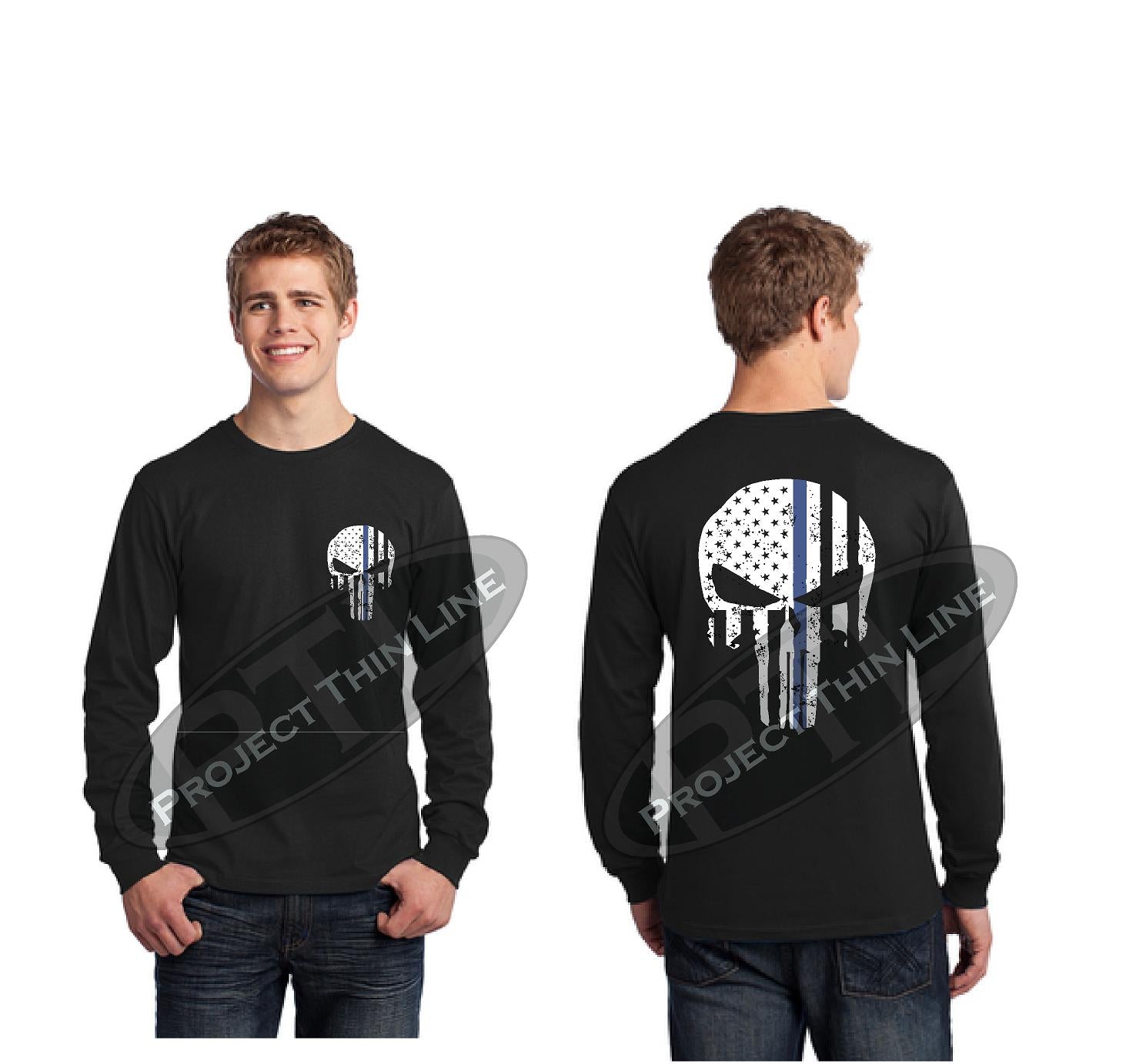 Thin BLUE Line Skull Tattered Flag Long Sleeve T-Shirt