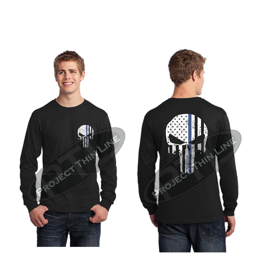 Thin BLUE Line Skull Tattered Flag Long Sleeve T-Shirt