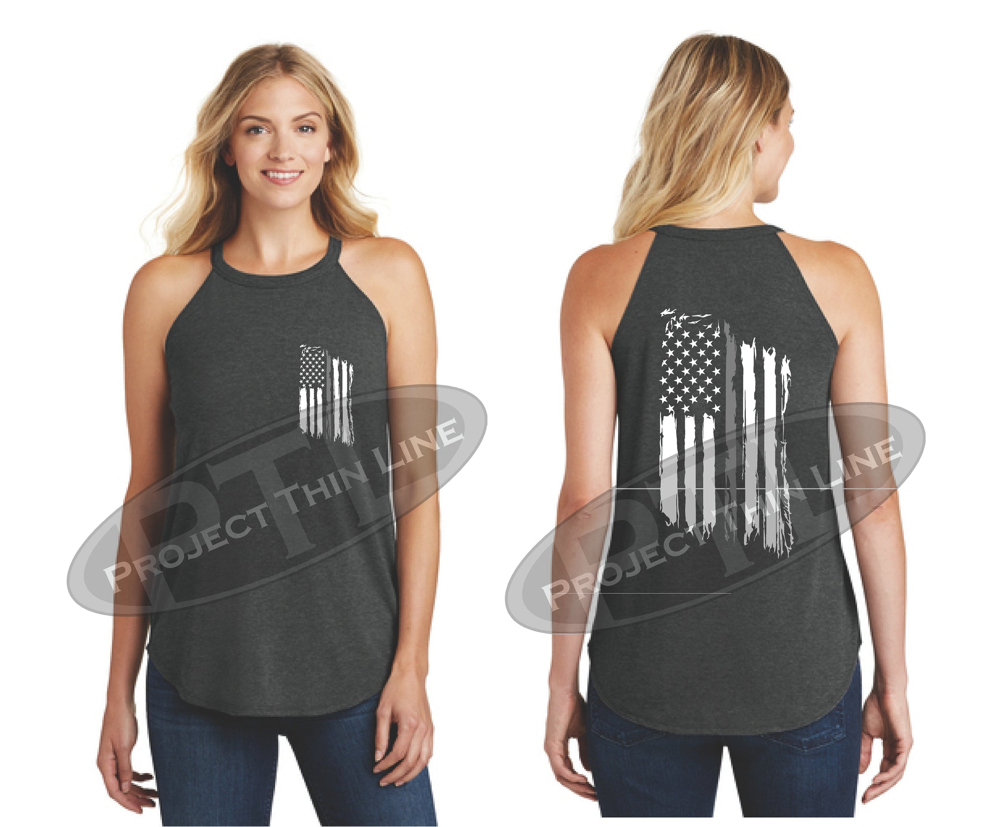 Black Tattered Thin SILVER Line American Flag Rocker Tank Top