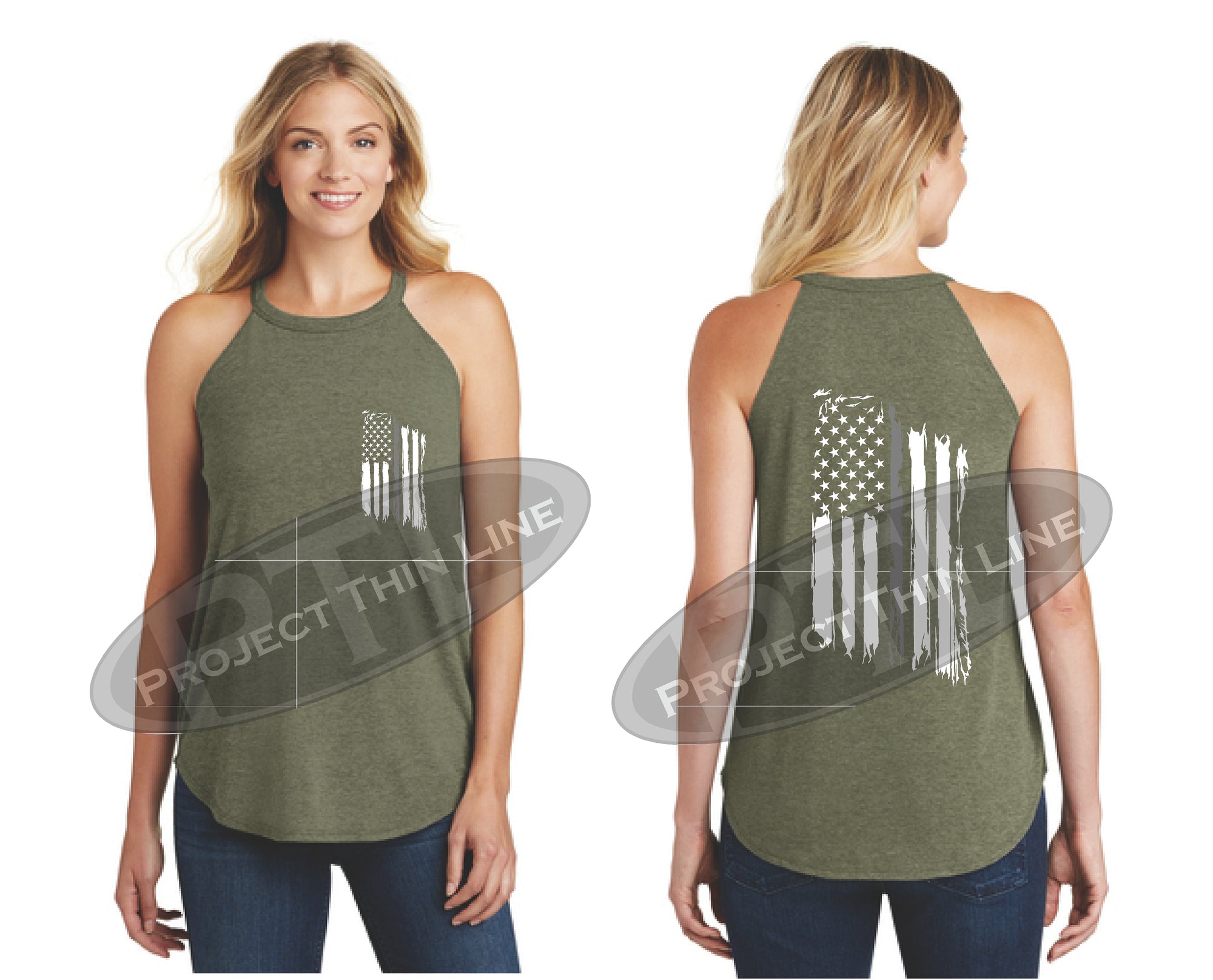 OD Green Tattered Thin SILVER Line American Flag Rocker Tank Top
