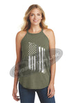 OD Green Tattered Thin SILVER Line American Flag Rocker Tank Top - FRONT
