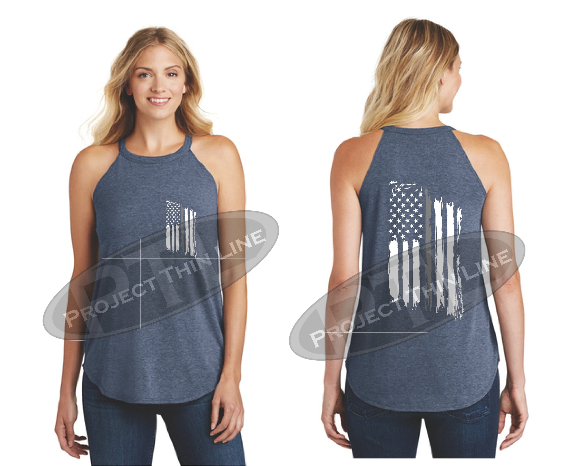 Navy Tattered Thin SILVER Line American Flag Rocker Tank Top
