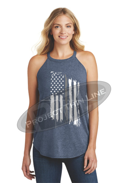 Navy Tattered Thin SILVER Line American Flag Rocker Tank Top - FRONT