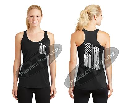 Black Tattered Thin SILVER Line American Flag Racerback Tank Top