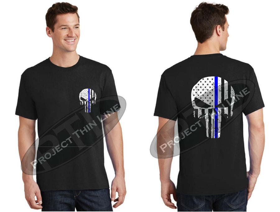 Thin BLUE Line Tattered Skull Short Sleeve T-Shirt
