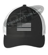 Black / White Embroidered Thin SILVER Line American Flag Flex Fit Fitted TRUCKER Hat