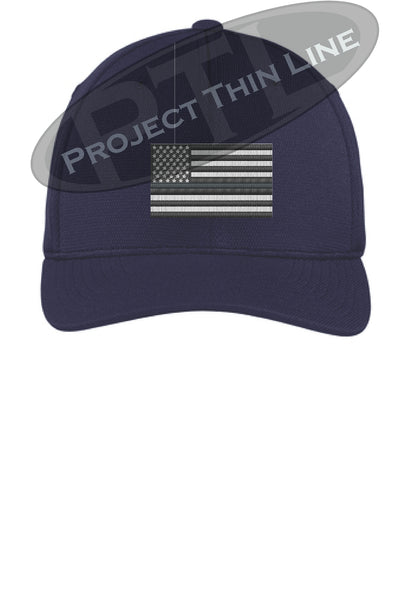 Navy Embroidered Thin SILVER Line American Flag Flex Fit Fitted TRUCKER Hat