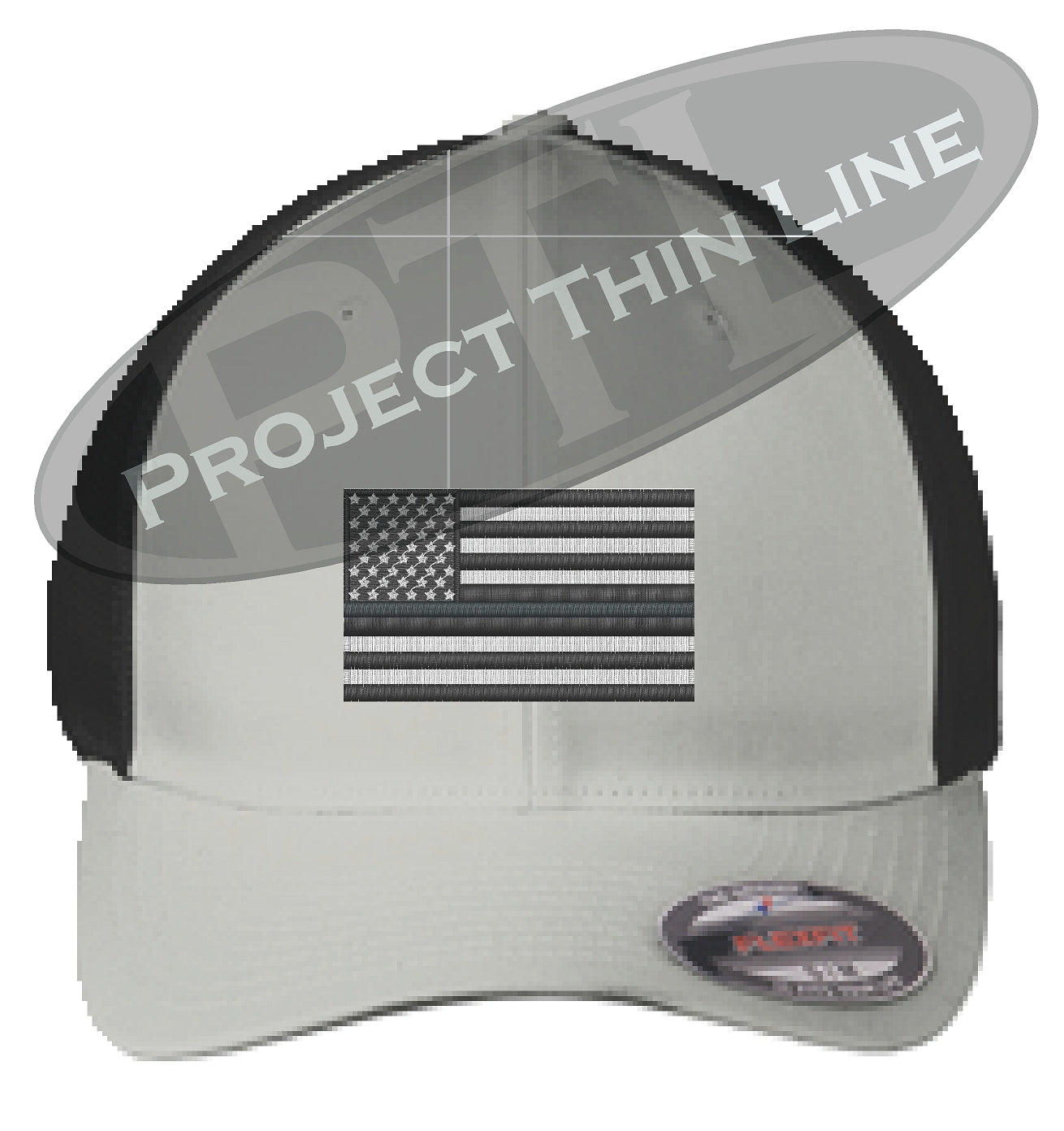 Grey / Black Embroidered Thin SILVER Line American Flag Flex Fit Fitted TRUCKER Hat