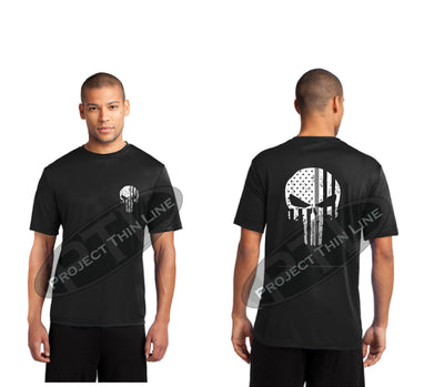 BLACK Thin Silver Line Punisher SKULL Tattered American Flag Performance Short Sleeve Shirt