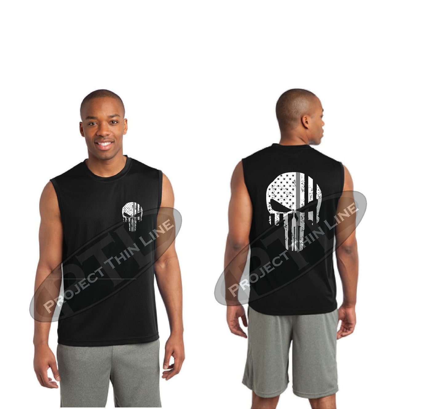 Thin Silver Line SKULL Tattered American Flag Performance Tank Top