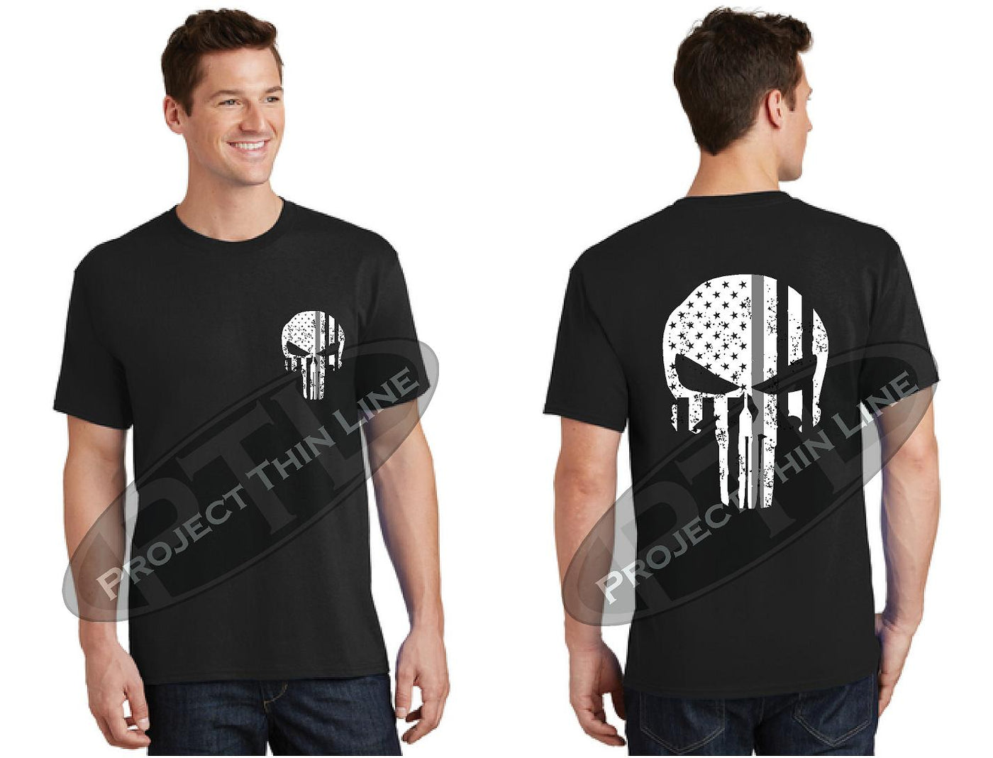 Thin SILVER Line SKULL Tattered Flag Short Sleeve T-Shirt