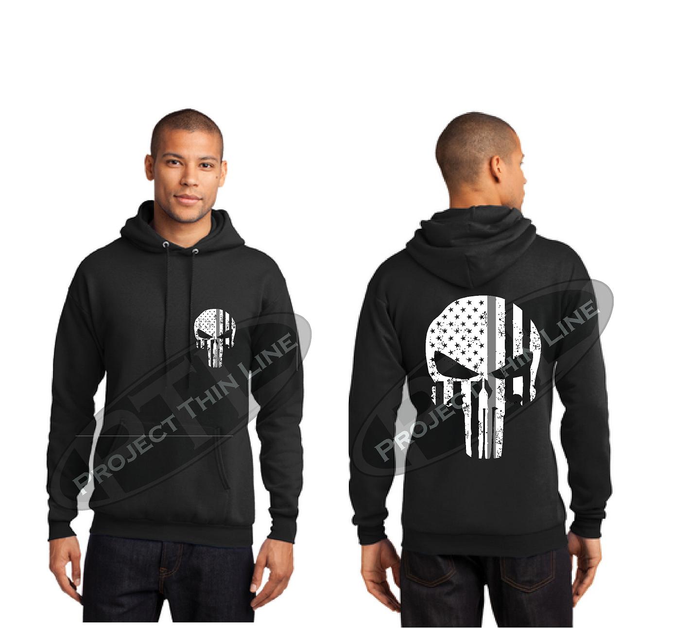 Black Thin SILVER Line Punisher Skull inlayed with the Tattered American Flag Hooded Sweatshirt
