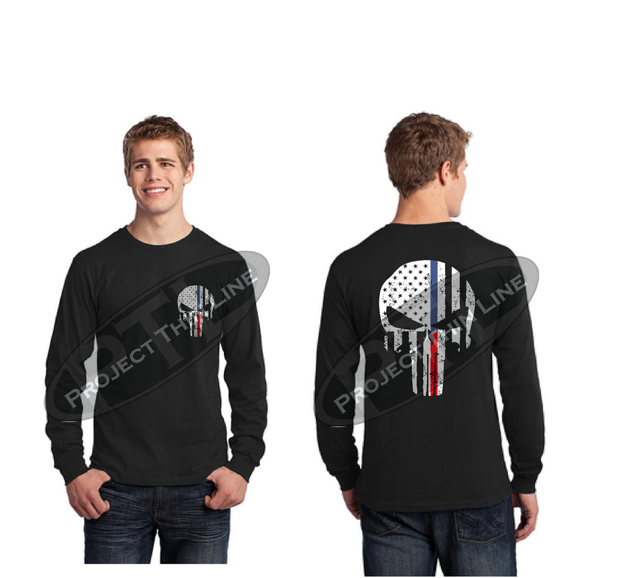 Black Thin BLUE / RED Line Tattered Punisher Skull inlayed with American Flag Skull Long Sleeve T-Shirt