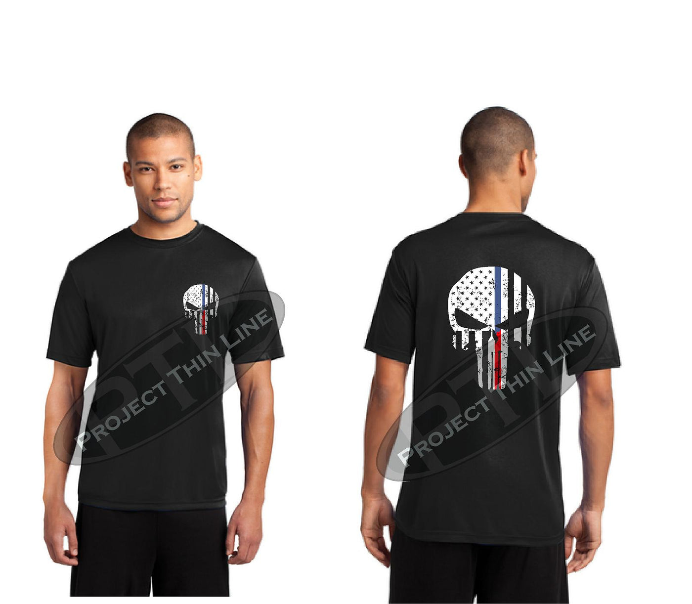 Thin BLUE / Red Line Skull inlayed with the Tattered American Flag Performance Short Sleeve Shirt