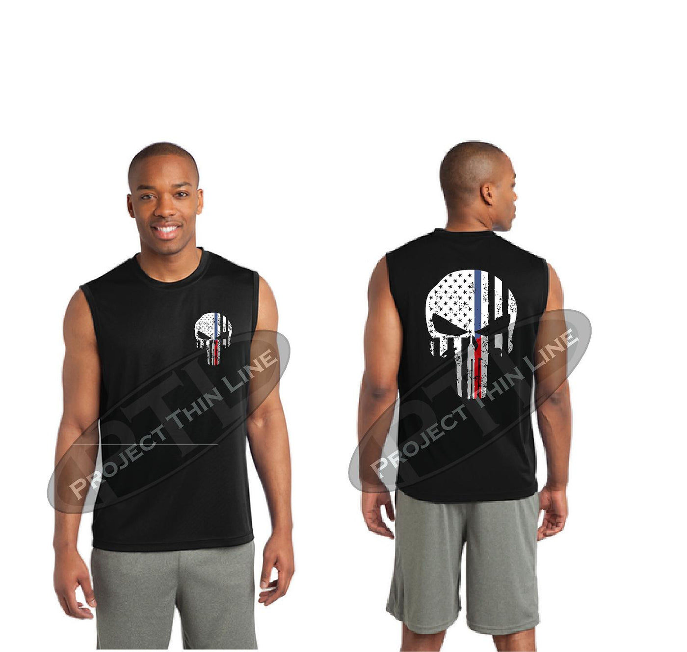 Thin BLUE / RED Line Tattered Punisher Skull inlayed American Flag Performance Tank Top