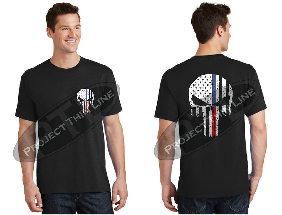 Thin BLUE / RED Line Punisher inlayed with Tattered American Flag Short Sleeve Shirt