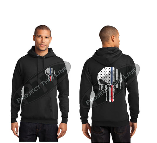 Black Thin BLUE / RED Line Tattered Skull Hooded Sweatshirt