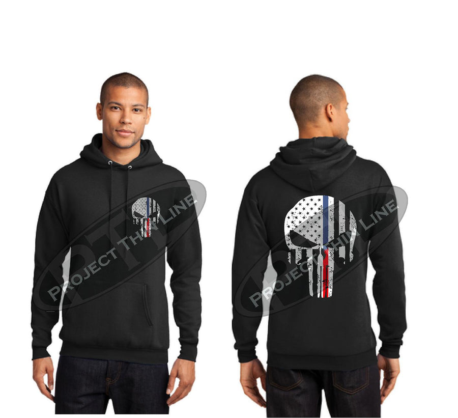 Thin BLUE / RED Line Tattered Skull inlayed with American Flag Hooded Sweatshirt