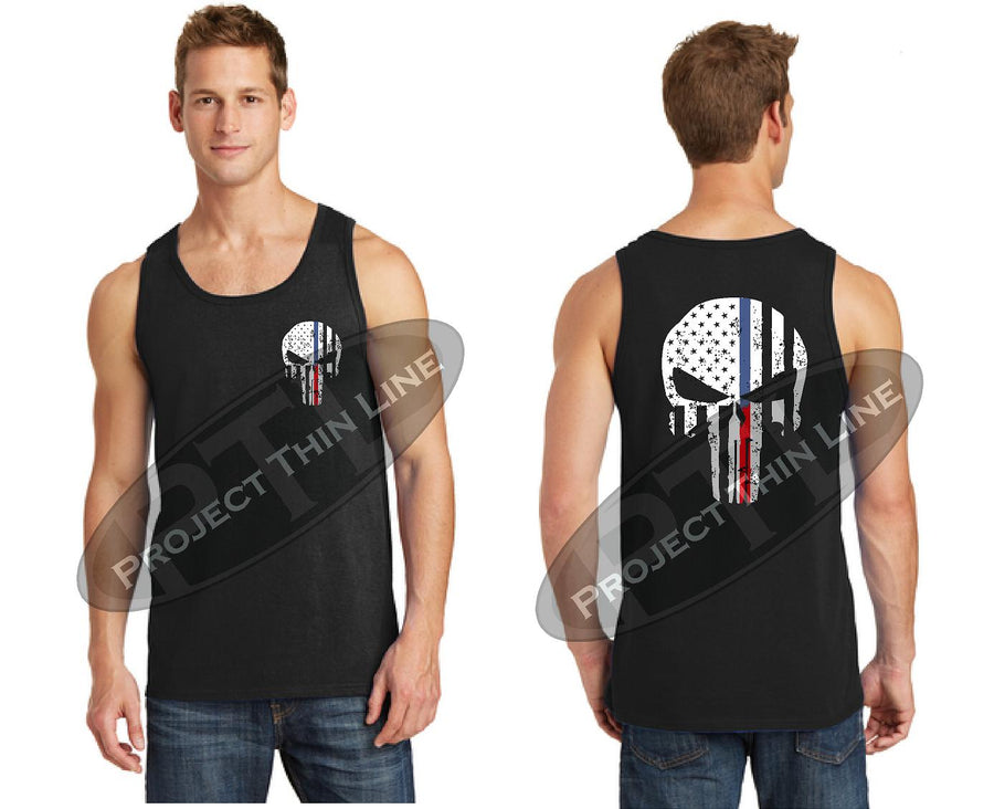 Black Thin BLUE / Red Line Tattered Punisher Skull inlayed with American Flag Tank Top