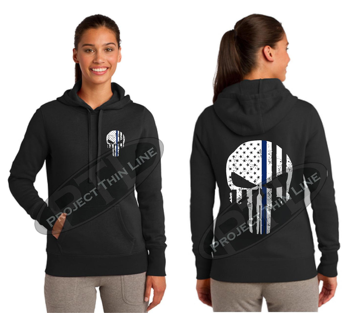 Thin BLUE Line Punisher Skull inlayed with the Tattered American Flag Hooded Sweatshirt