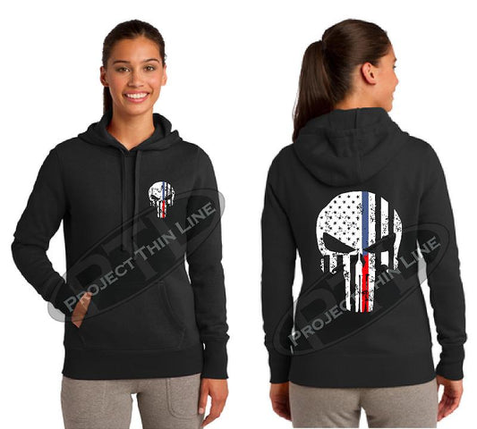 Womens Black Hoodie with Blue / Red Line Punisher Skull