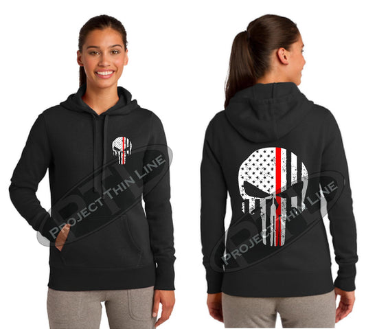 Black Thin RED Line Punisher Skull inlayed with the Tattered American Flag Hooded Sweatshirt