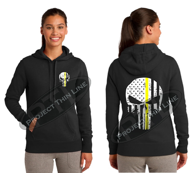 Thin YELLOW Line Punisher Skull inlayed with the Tattered American Flag Hooded Sweatshirt