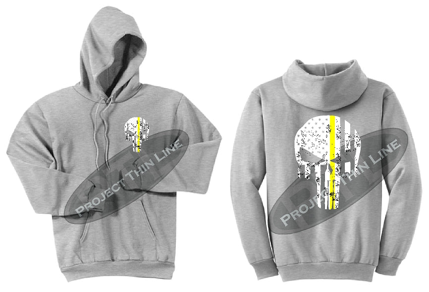 Thin YELLOW Line Punisher Skull inlayed with the Tattered American Flag Hooded Sweatshirt