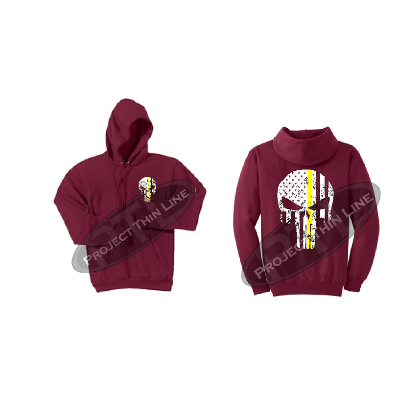 Thin YELLOW Line Punisher Skull inlayed with the Tattered American Flag Hooded Sweatshirt
