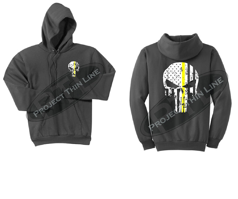 Thin YELLOW Line Punisher Skull inlayed with the Tattered American Flag Hooded Sweatshirt