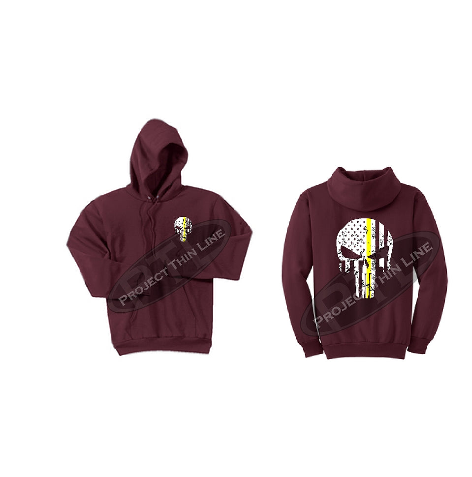 Thin YELLOW Line Punisher Skull inlayed with the Tattered American Flag Hooded Sweatshirt