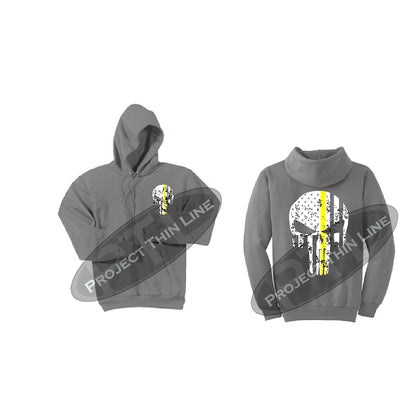 Thin YELLOW Line Punisher Skull inlayed with the Tattered American Flag Hooded Sweatshirt