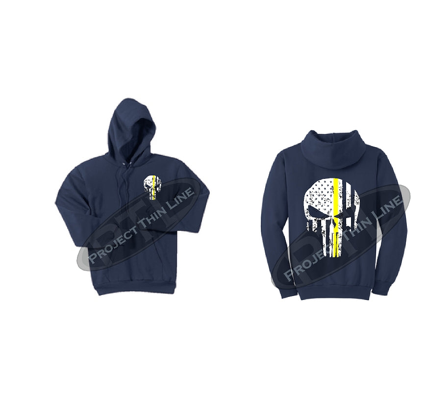Thin YELLOW Line Punisher Skull inlayed with the Tattered American Flag Hooded Sweatshirt
