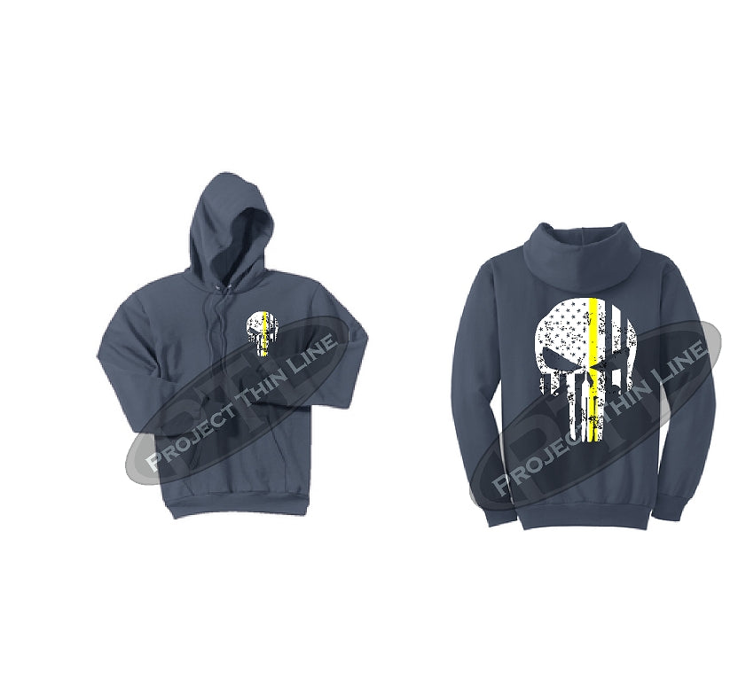 Thin YELLOW Line Punisher Skull inlayed with the Tattered American Flag Hooded Sweatshirt