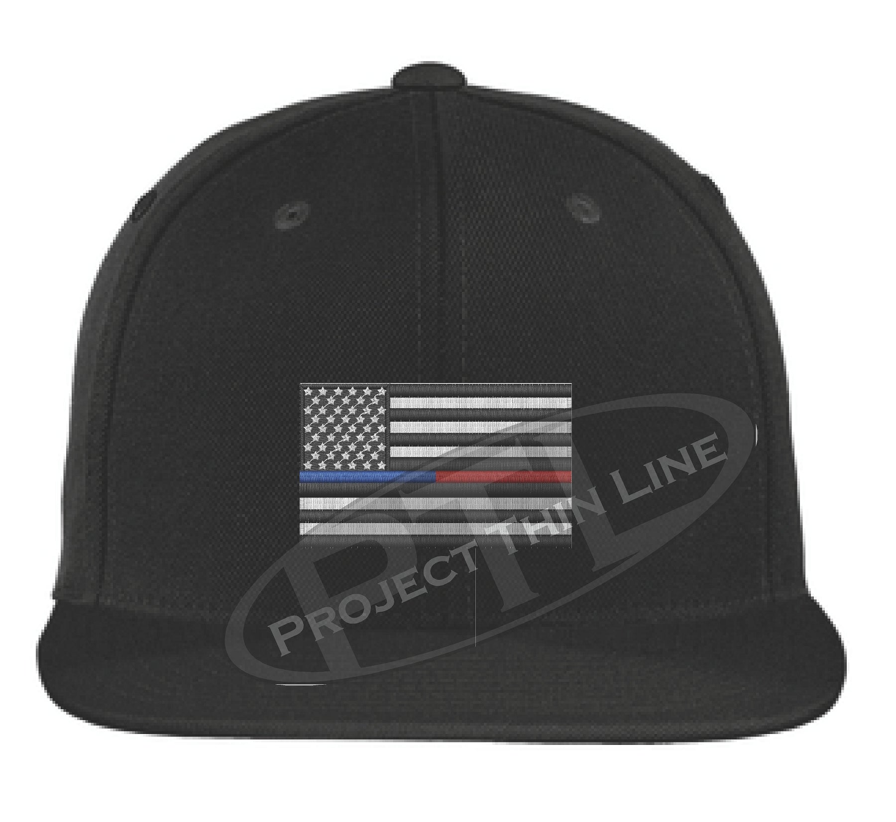 Black Embroidered Thin BLUE / RED American Flag Flat Bill Snapback Cap