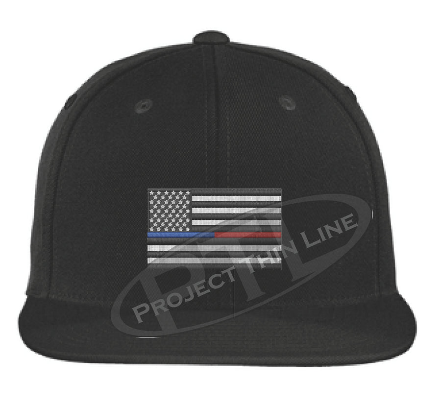 Black Embroidered Thin BLUE / RED American Flag Flat Bill Snapback Cap
