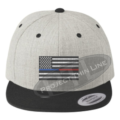 Heather / Black Embroidered Thin BLUE / RED American Flag Flat Bill Snapback Cap