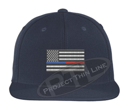 Navy Embroidered Thin BLUE / RED American Flag Flat Bill Snapback Cap